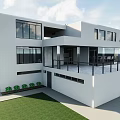 Modern White Detached Villa With Large Windows Terrace And Green Lawn