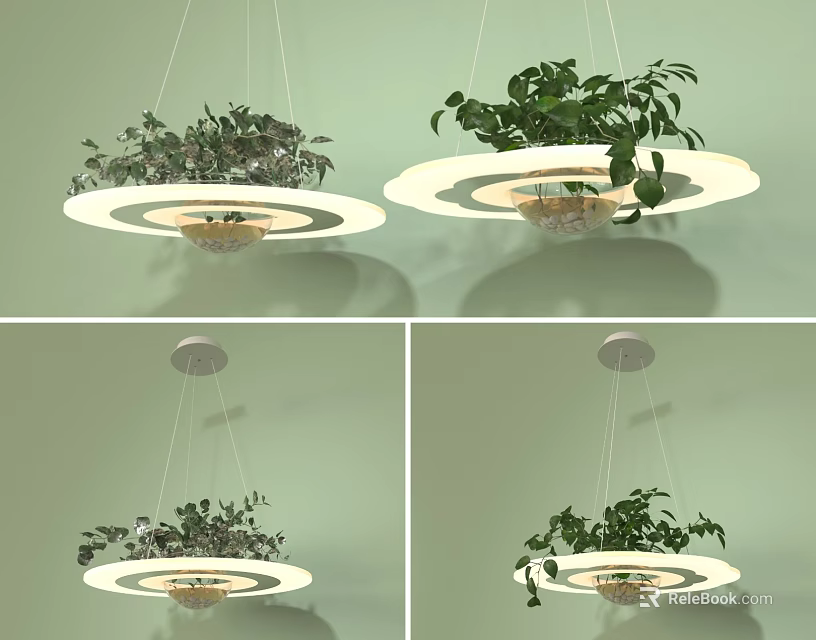 Modern Circular Chandelier Design With Hanging Green Plants And LED Light Rings 3d model 