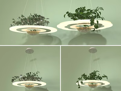 Modern Circular Chandelier Design With Hanging Green Plants And LED Light Rings 3d model