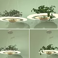 Modern Circular Chandelier Design With Hanging Green Plants And LED Light Rings