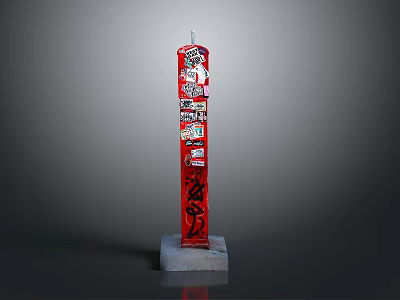 Red Decorative Pillar With Urban Art Stickers Graffiti And Concrete Base 3d model