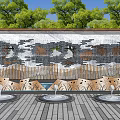 Stone Feature Wall Design With Green Trees Wooden Deck And Seating Area 3d model