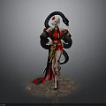 Woman In Traditional Red And Black Costume With Snake Ornaments Standing On Stone Floor