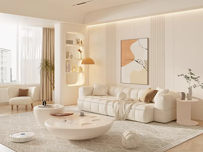 Modern Living Room Interior With White Sofa Round Coffee Table Floor Lamp And Decorative Artwork 3d model