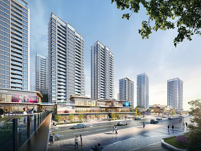 Modern Urban Commercial Complex With High Rise Buildings Street Pedestrians And Vehicles 3d model