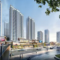 Modern Urban Commercial Complex With High Rise Buildings Street Pedestrians And Vehicles