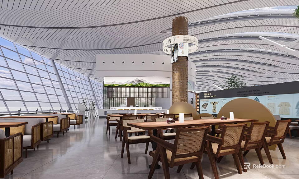 Modern Airport Interior Design With Dining Area Tables Chairs Large Windows And Decorative Column 3d model 