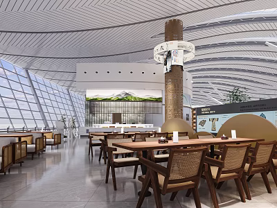Modern Airport Interior Design With Dining Area Tables Chairs Large Windows And Decorative Column 3d model