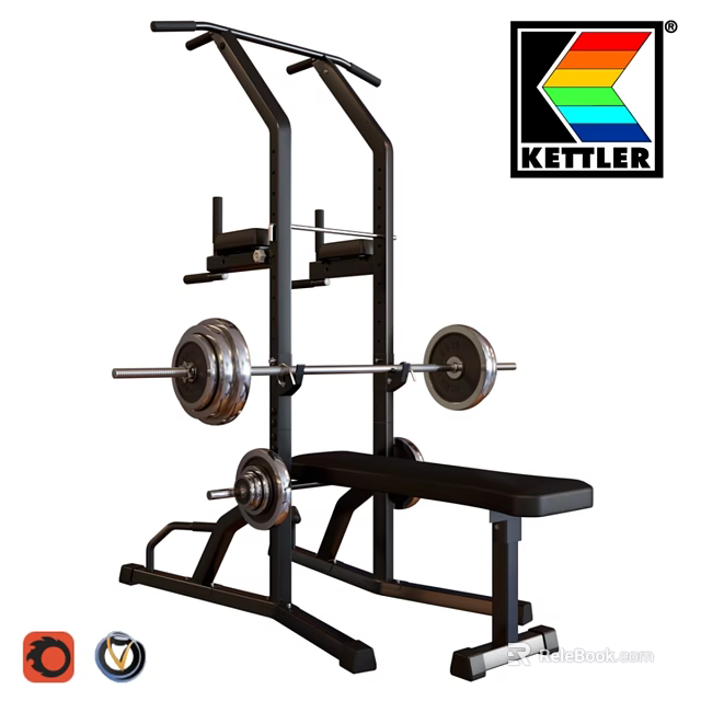Kettler Sports Equipment Bench Press Machine With Barbell And Weight Plates 3d model 
