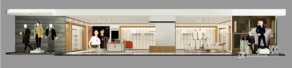 Modern Clothing Store Interior With Display Shelves Counter And Seating 3d model 