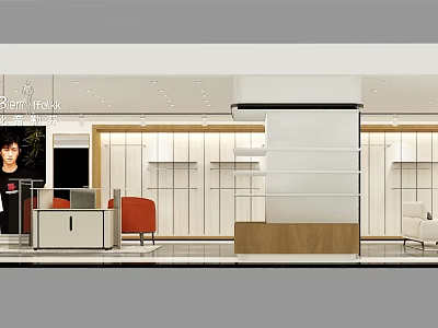 Modern Clothing Store Interior With Display Shelves Counter And Seating 3d model