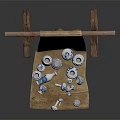 Traditional Display Blue And White Porcelain Vases Bowls With Wooden Rack Brown Cloth Red Decorations