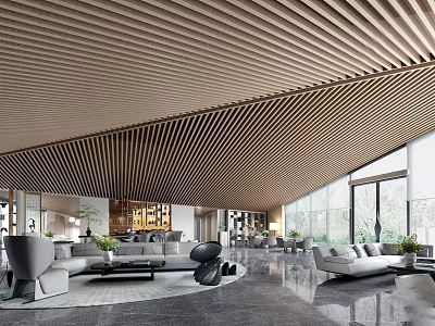 Modern Luxury Hotel Lobby With Wooden Slat Ceiling Comfortable Sofas And Large Windows 3d model