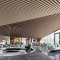 Modern Luxury Hotel Lobby With Wooden Slat Ceiling Comfortable Sofas And Large Windows