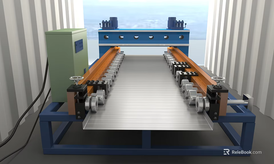Industrial Metal Sheet Conveyor Equipment With Automated Mechanical Components And Blue Frame 3d model 