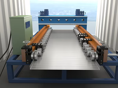Industrial Metal Sheet Conveyor Equipment With Automated Mechanical Components And Blue Frame 3d model