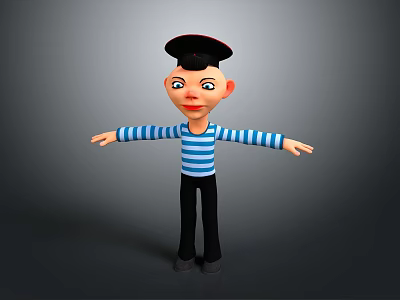 Cartoon Character Wearing Black Hat Blue White Striped Shirt Black Pants With Arms Outstretched 3d model