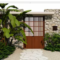 Wooden Entrance Gate With Lattice Design And Stone Wall Surrounded By Green Plants