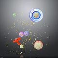 Modern Space Themed Scene Featuring Blue Planet Colorful Small Planets Red Toy Plane Yellow Stardust