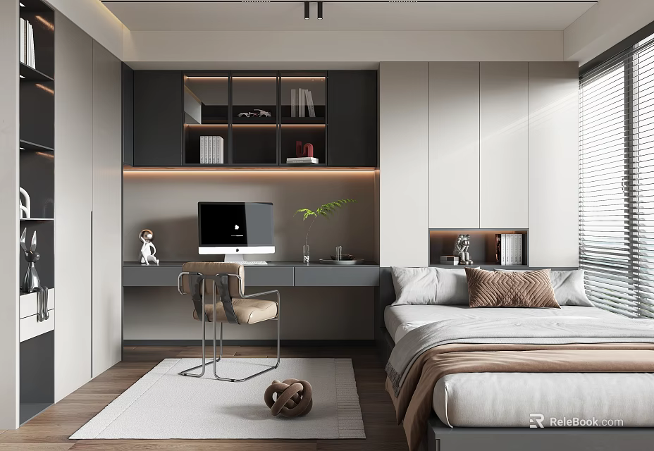 Modern Tatami Bedroom Interior Design With Desk Computer Bookshelf And Blinds 3d model 
