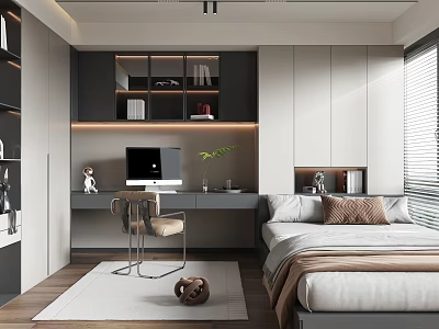Modern Tatami Bedroom Interior Design With Desk Computer Bookshelf And Blinds 3d model