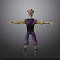 3D Cartoon Character With Bald Head Red Markings Purple Outfit Yellow Sleeves Black Belt Standing