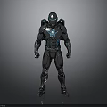 Hi Tech Biomechanical Character in Black Blue Armor with Glowing Cybernetic Elements