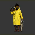 Person In Yellow Raincoat With Spiked Hat Mask Holding Sewing Machine And Fish