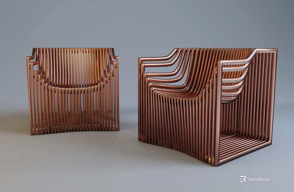Copper Colored Leisure Chairs With Modern Slatted Design And Geometric Metallic Frame 3d model 