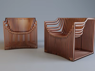 Copper Colored Leisure Chairs With Modern Slatted Design And Geometric Metallic Frame 3d model