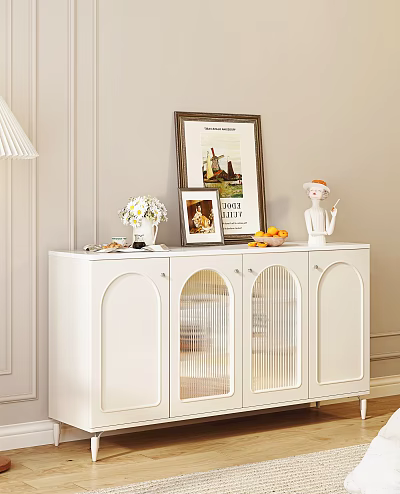 White Modern Sideboard With Glass Doors And Decorative Vase Photo Frames Fruit Figurine 3d model