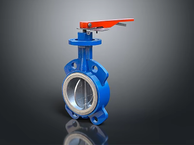 Blue Butterfly Valve With Red Handle And Industrial Metal Body Design 3d model