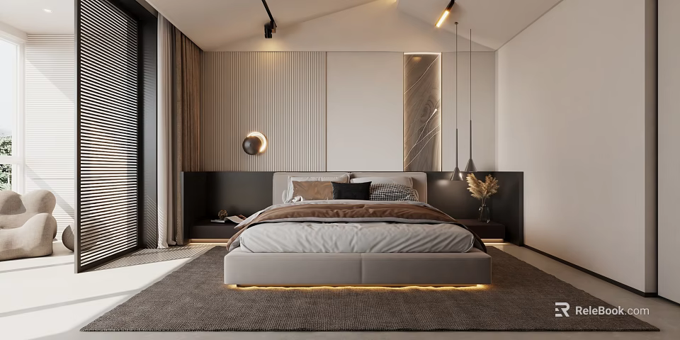 Modern Bedroom Interior Design With Stylish Headboard Warm Lighting Soft Rug And Striped Wall Decor 3d model 
