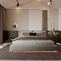 Modern Bedroom Interior Design With Stylish Headboard Warm Lighting Soft Rug And Striped Wall Decor