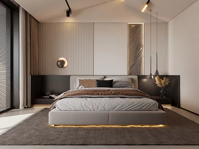 Modern Bedroom Interior Design With Stylish Headboard Warm Lighting Soft Rug And Striped Wall Decor 3d model