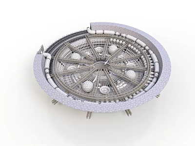 Modern Circular Architectural Structure With Radial Framework Spherical Elements And Support Bases 3d model