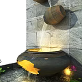 Decorative Stone Feature Wall with Round Hanging Elements Base Water Pool and Soft Lighting Design 3d model