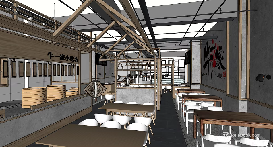 Traditional Chinese Snack Restaurant Interior With Wooden Beams Tables And White Chairs Chinese Calligraphy Decor 3d model 