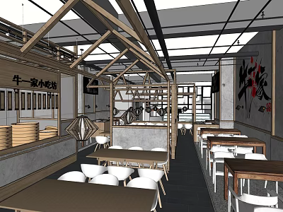 Traditional Chinese Snack Restaurant Interior With Wooden Beams Tables And White Chairs Chinese Calligraphy Decor 3d model