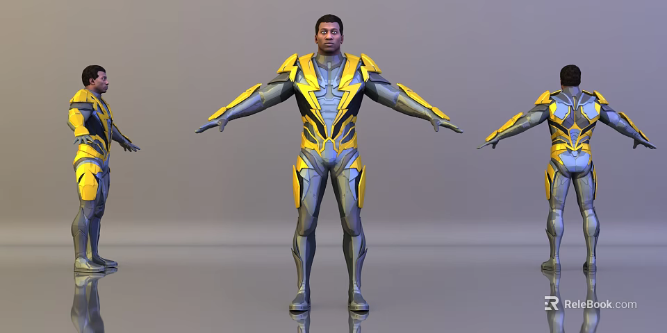 Game and Movie Character in Blue and Yellow Armor with Arms Outstretched 3d model 