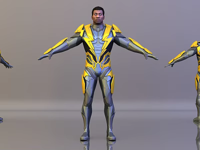 Game and Movie Character in Blue and Yellow Armor with Arms Outstretched 3d model