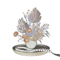 White Ceramic Vase With Dried Flowers Feather And Pearl Beads On Decorative Base