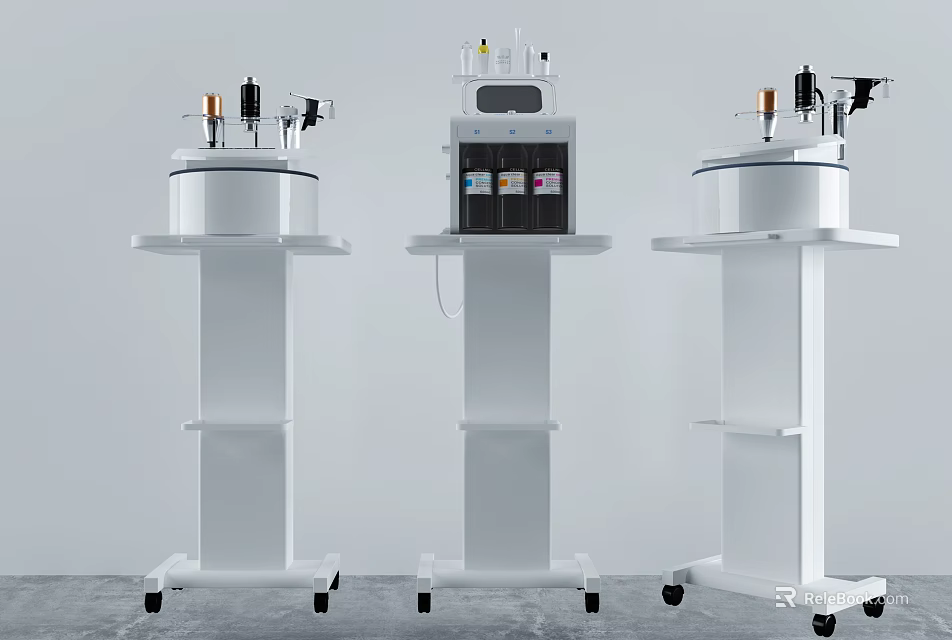 Three White Standing Medical Devices With Wheels Display Screen And Instrument Components 3d model 