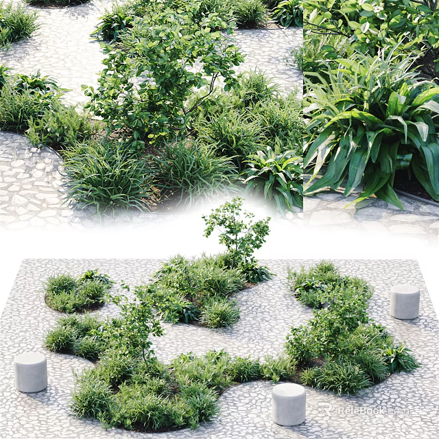 Lush Green Flowers And Plants In Outdoor Garden With Stone Pathway And Diverse Species 3d model 