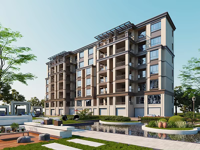 Modern Multi Floor Residential Building with Balconies Surrounded by Landscaped Gardens and Water Features 3d model