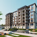 Modern Multi Floor Residential Building with Balconies Surrounded by Landscaped Gardens and Water Features