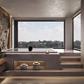Modern Hotel Room Interior With Open Design Large Windows City View Bed Sofa And Chairs