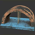 Weathered Arched Structure Featuring Orange Blue Hues With Two Wooden Support Sticks On Blue Base