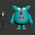 Man In Suit And Blue Cartoon Monster Standing With Big Eyes Red Nose Orange Paws