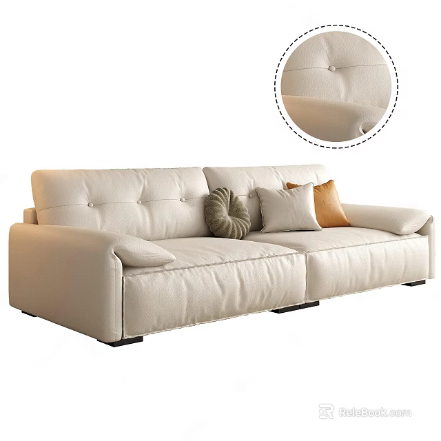 Cream Leather Two Seater Sofa with Gray Cream and Orange Pillows and Exquisite Stitching Detail 3d model 